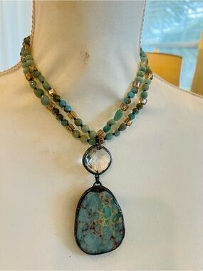 Turquoise Multi-Strand Pendant Necklace - Green-Turquoise Gemstone